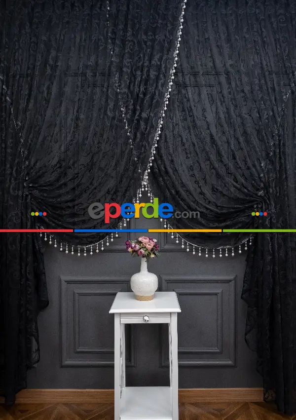 Siyah Sarmaşık Desen Tül Kruvaze Tül Perde Yanki Tül