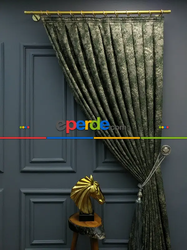 Yatak Odası Fon Patine Desenli Modern Desenli Jakarlı Fon Perde Yeni Seri 401- Haki Yeşil