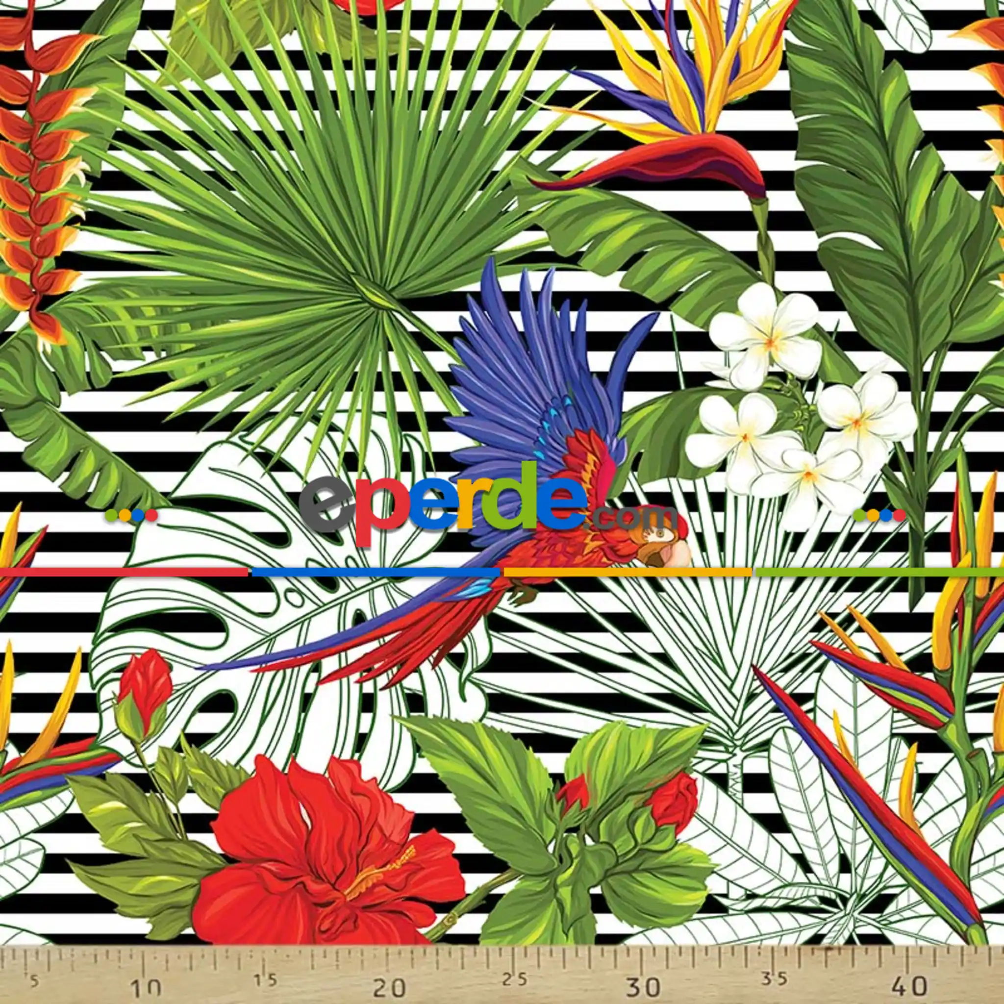 Tropikal Desenli Fon Perde Evm225 -t - Kumaşı Kalındır Duck Bezi Değildir.- Yeşil-Mavi-Beyaz-Çok Renkli