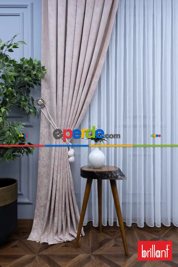 Patinedesenli Brillant Jakar Fon Perde(dökümlü Fon )- Bej-pudra