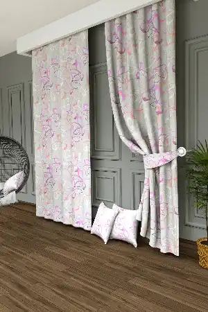 Dökümlü Kumaştan Bahar Çiçekleri Baskılı Fon Perde- Gri-füme-antrasit-somon-eflatun-ekru