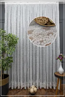 Oturma Odası - Etek Ucu Damask Desenli Örme Tül - Ekru