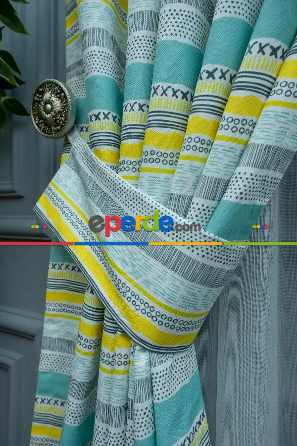 Çocuk Odası Desenli Fon Perde Kumaşı Kalındır Duck Bezi Değildir- Sarı-Beyaz-Mavi Açık