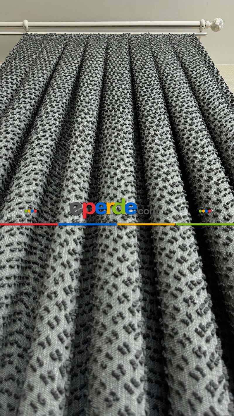 Yatak Odası - Ponponlu Gri Jakar Dokuma, Premium Kalite Serisi Fon Perde