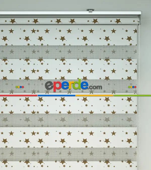 Çocuk Odası - Yıldız Desenli Baskılı Zebra Perde- Çok Renkli