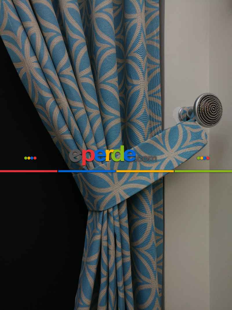 Dairesel Desenli Yatak Odası Fon Perde- Turkuaz