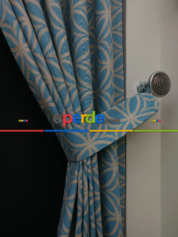 Salon Fon Perde - Dairesel Desenli Yatak Odası Fon Perde- Turkuaz