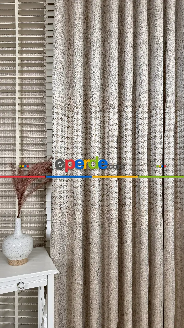 Krem Altın Fon Perde, Pano Model, Orta Pano Kazayağı Desenli, Jakar Dokuma.