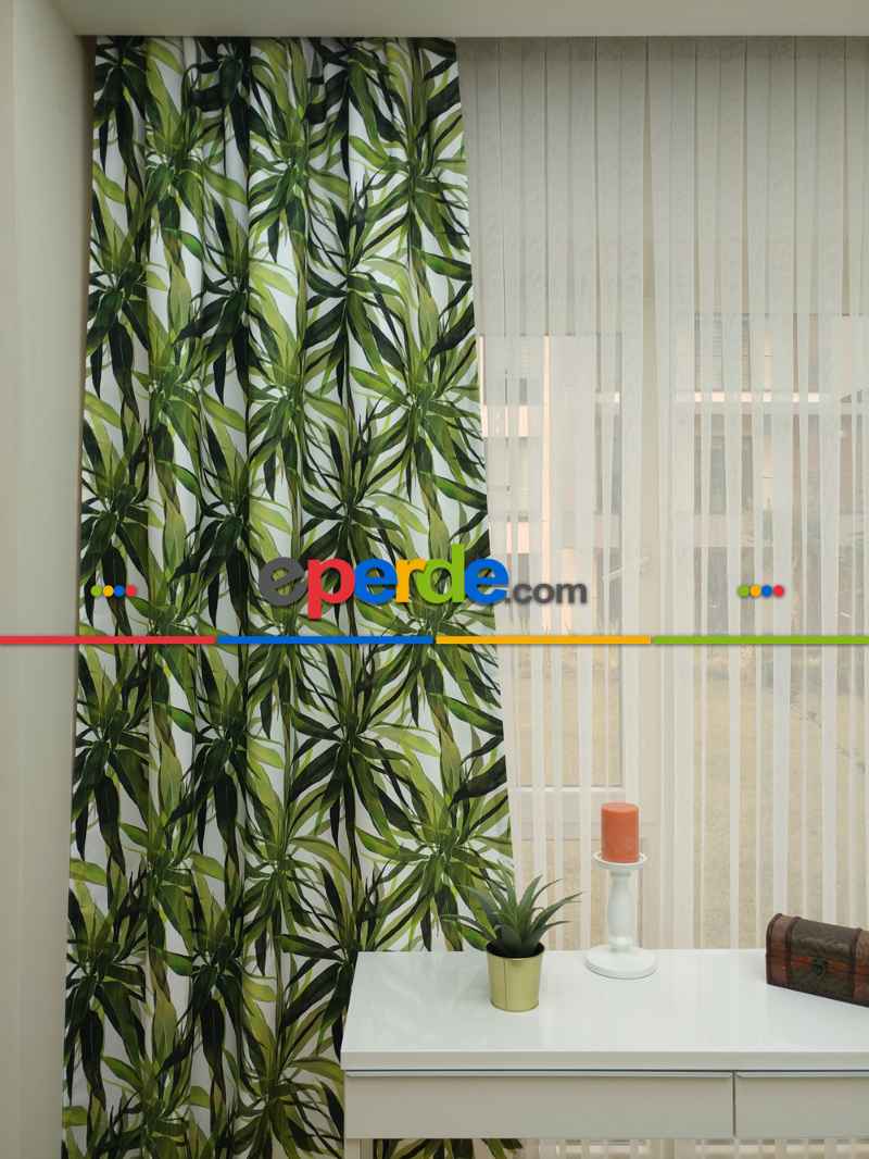 Mutfak Perdesi Kanat Fon Perde Yaprak Desenli- Yeşil