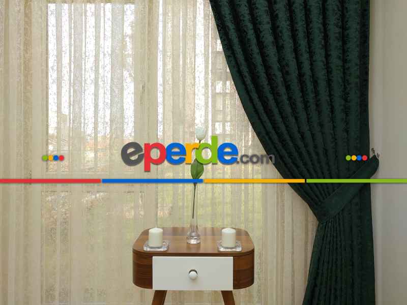 Koyu Yeşil Rengi Kendinden Desenli Jakar Fon Perde (285 En)- Yeşil Koyu Yeşil