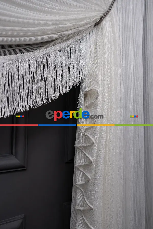 Yalancı Kruvaze - Tülden Fon - Halat İle Yana Toplamalı Tül - Kordon Toplama Tül - Çift Veya Tek Kanat - Püskül Ve Kordon Bağı İlave Ücretlidir - Kurşunlu Tül