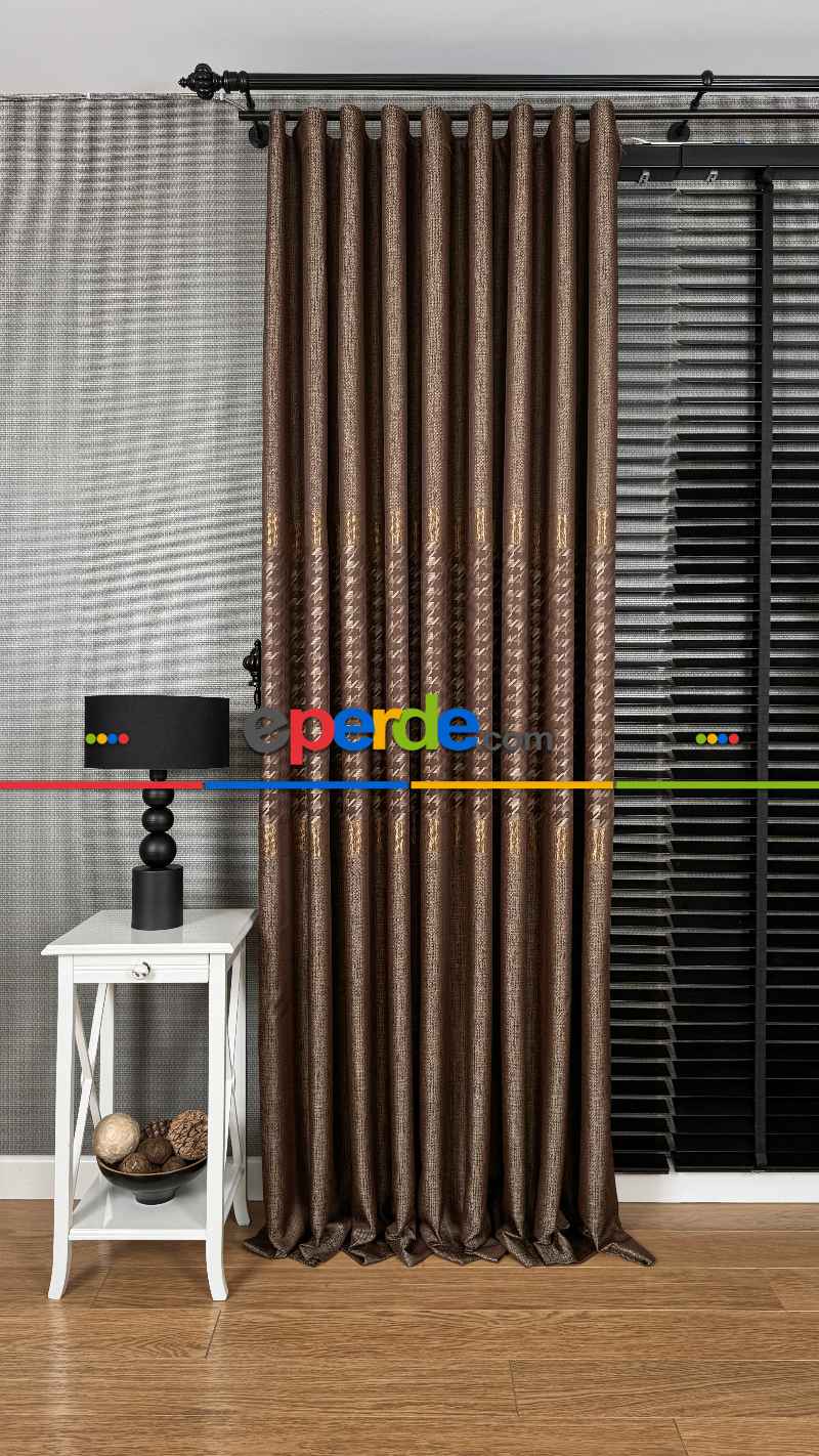 Kahverengi Altın, Kazayağı Desenli Jakar Dokuma Fon Perde