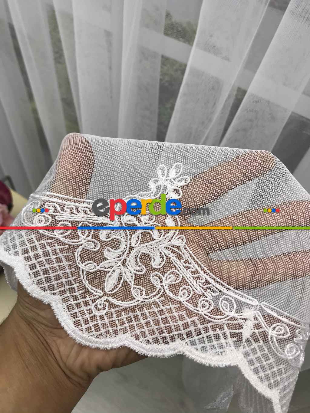 Ekru Fransız Dantel Etek Ucu Güpür İşlemeli Salon Perdesi 2021- Ekru