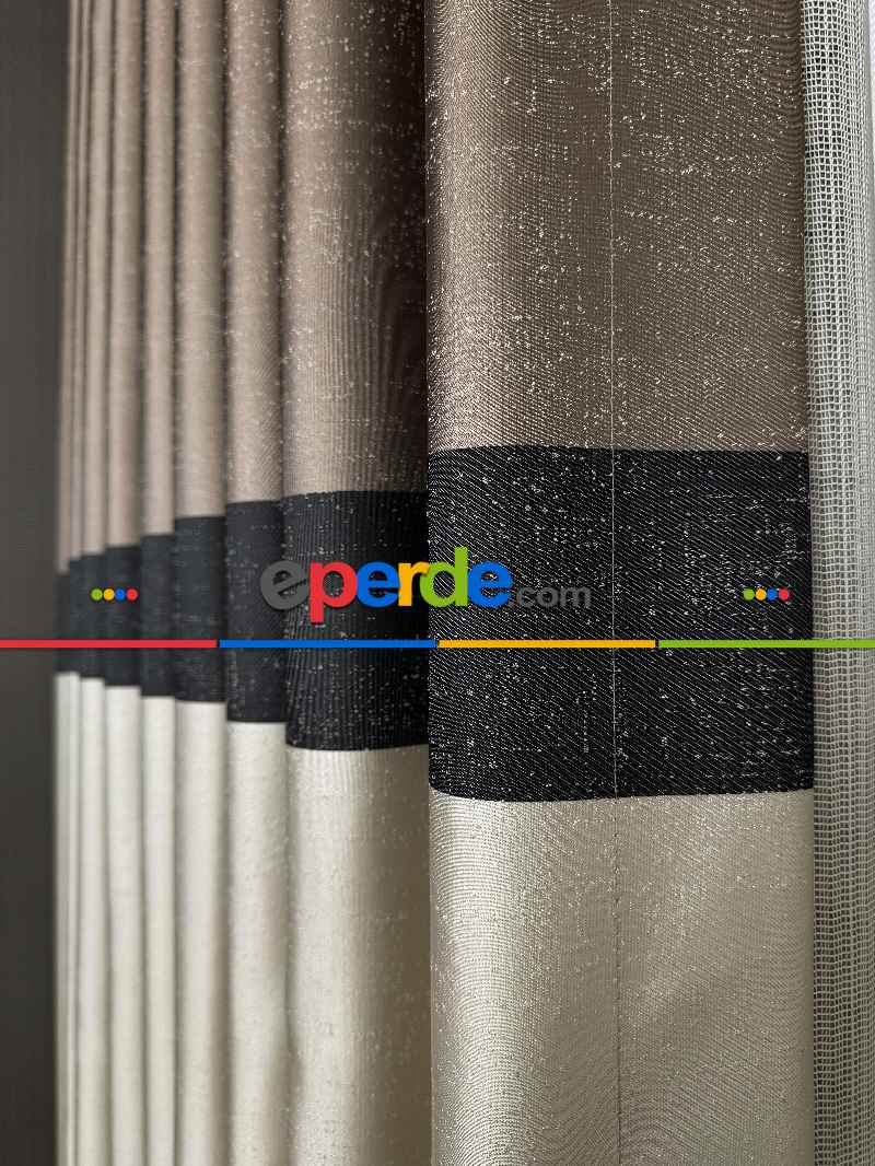 Salon - Kahveregi Krem Siyah Jakar Dokuma Fon Perde, Parlak Zemin