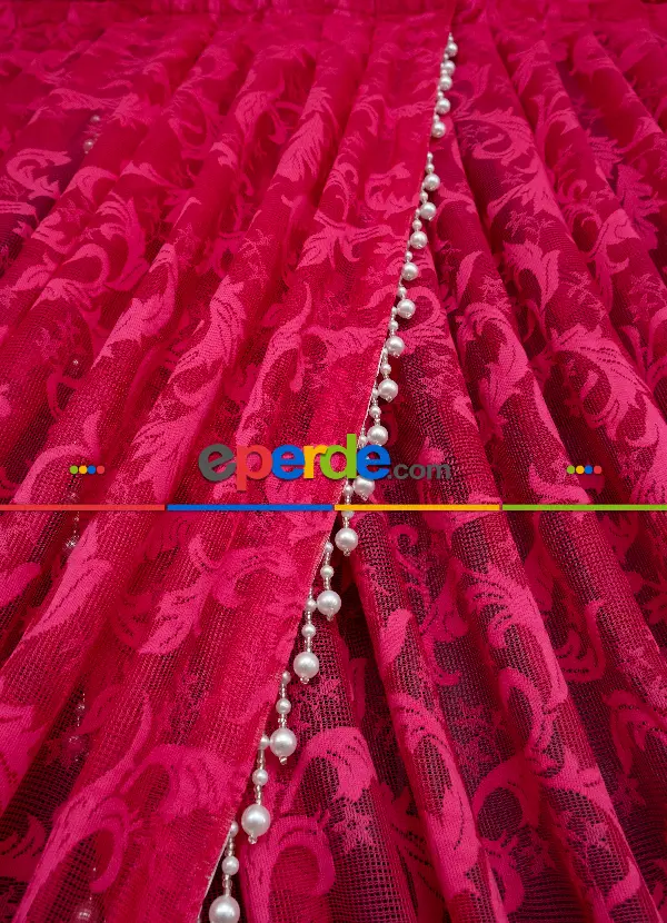 Fuşya Pembe Sarmaşık Desen Şal Model Tül Kruvaze Yanki Tül