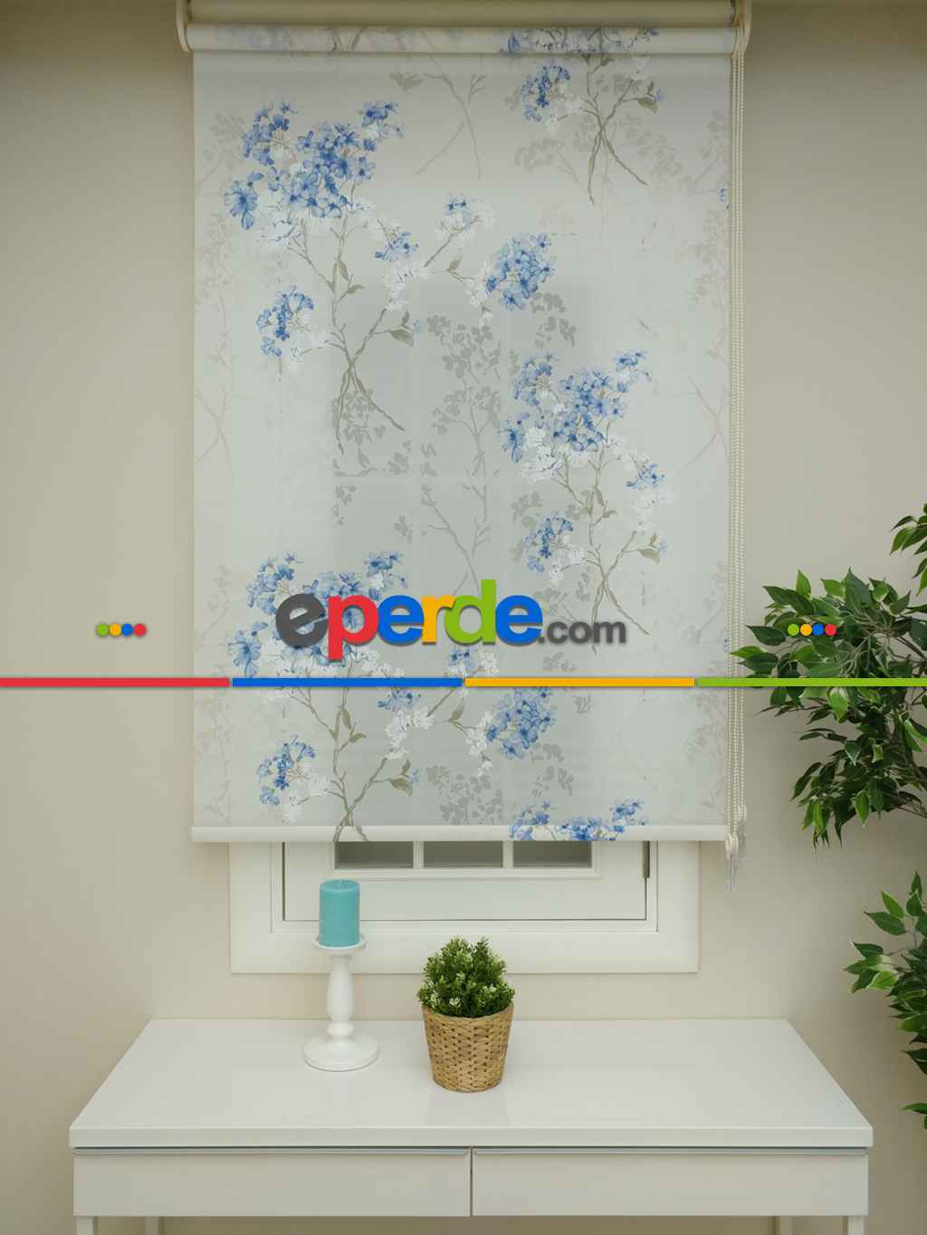 Fantazi Stor Perde Özel Yakma Serisi- Mavi-ekru