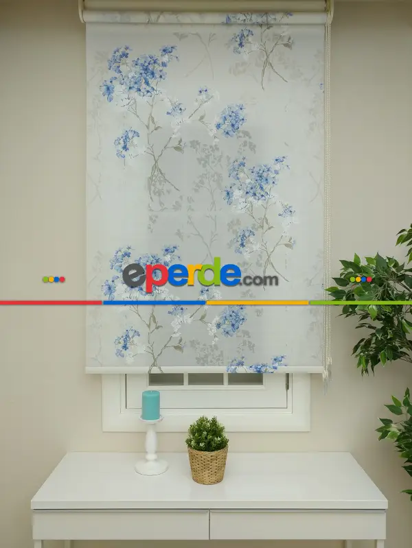 Desenli Mutfak Stor Perde- Mavi