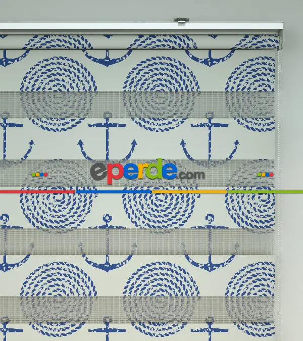 Bebek Odası Zebra Perde - Çapa Baskılı Zebra Perde- Mavi-Beyaz