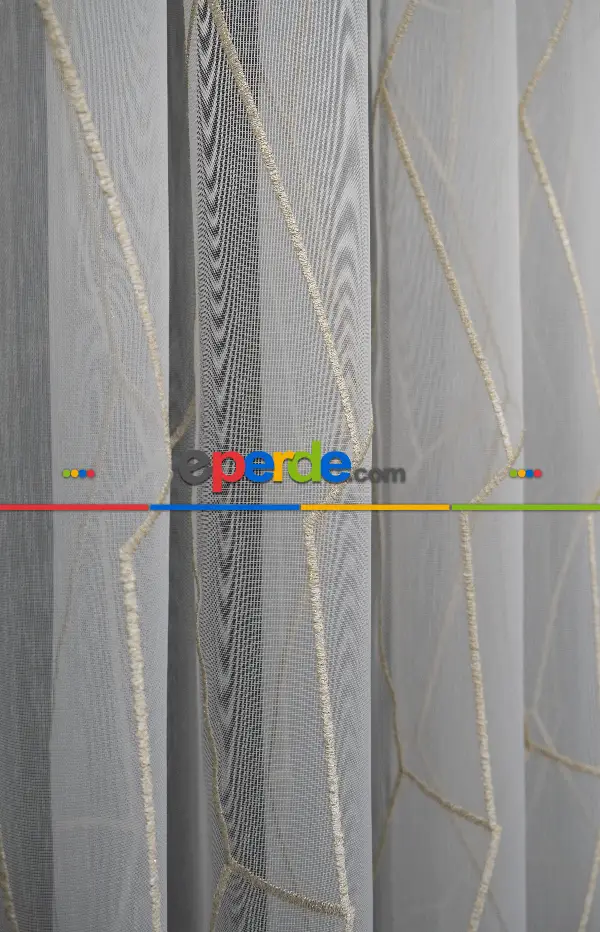 Salon - Geometrik Desenli Tül Perde - Ekru - Altın