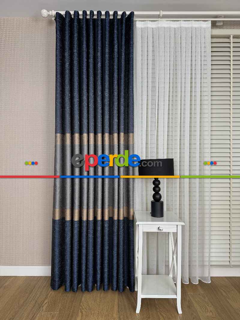 Koyu Lacivert Gri Gold Jakar Dokuma Fon Perde, Parlak Zemin