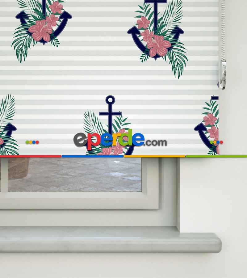 Çapa Desenli Baskılı Stor Perde- Çok Renkli