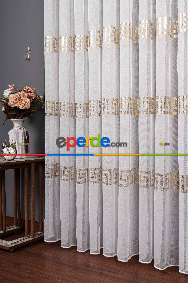 Yatak Odası - Enine Bantlı Ekru-gold Detaylı Tt Zemin Tül Perde