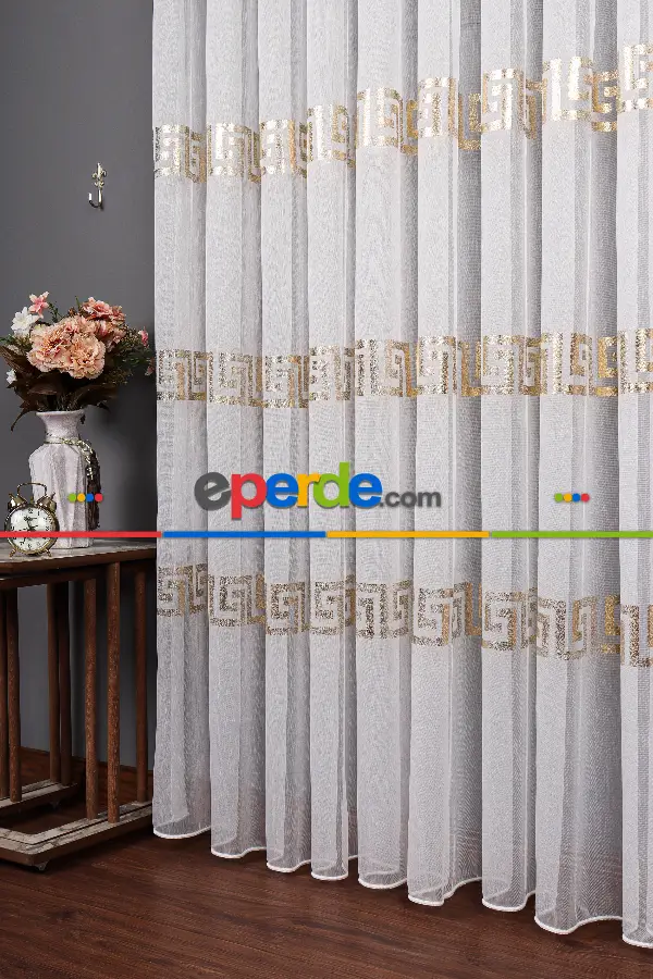 Yatak Odası - Enine Bantlı Ekru-gold Detaylı Tt Zemin Tül Perde