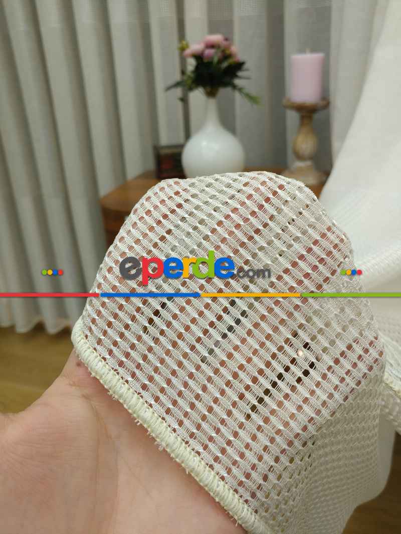 Mutfak - Bantlı Keten Doğal Tül Perde- Krem