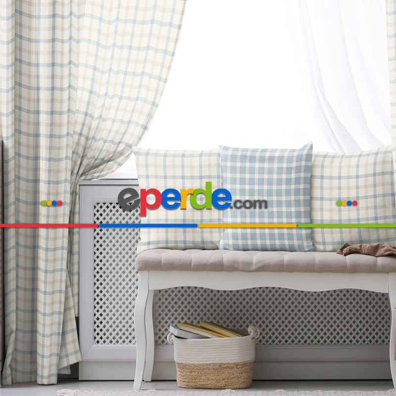 Salon Fon Perde Evim1615-3 Kumaşı Kalındır Duck Bezi Değildir- Mavi-beyaz