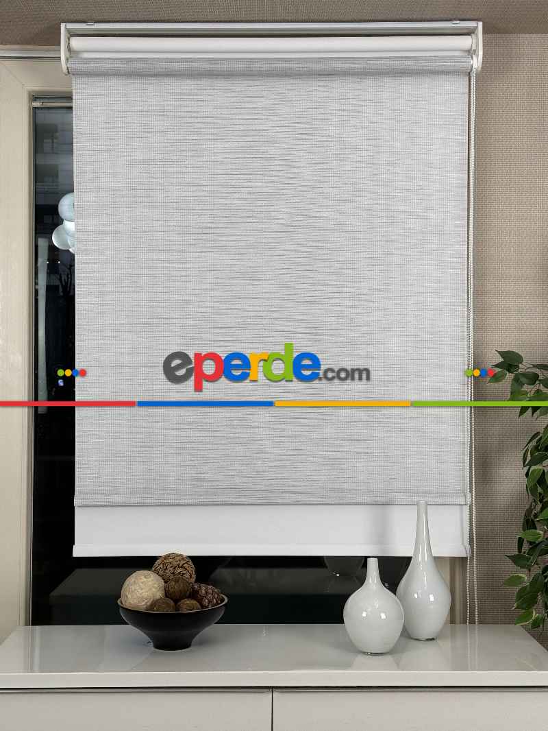 Ekru Gri Çiftli Sistem Tül Stor Perde, Standart Metal Kasalı Yüksek Kalite Kornişe Kolay Montaj Seçenekli