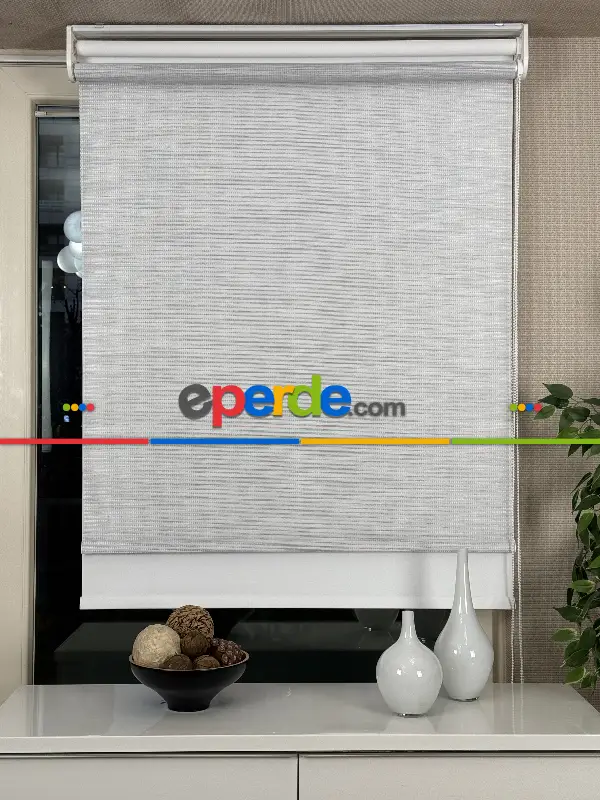 Ekru Gri Çiftli Sistem Tül Stor Perde, Standart Metal Kasalı Yüksek Kalite Kornişe Kolay Montaj Seçenekli