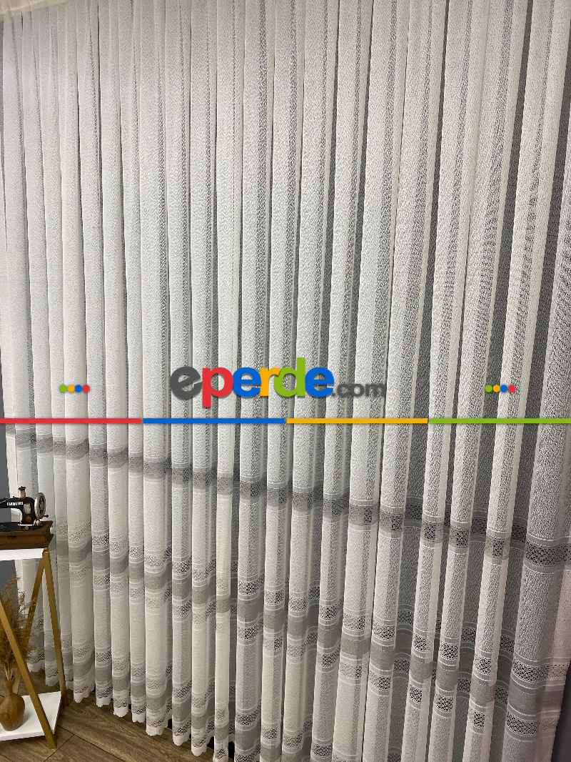 Gri Çizgili Tül Perde - Spor Desenli - Tül Perde - Örme Tül Perde - Ütü İstemeyen