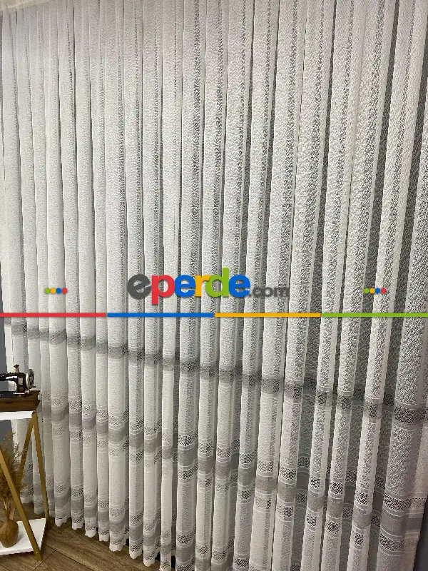 Salon - Paris Gri Gümüş Ara Bantlı Yeni Tasarım Tül Perde