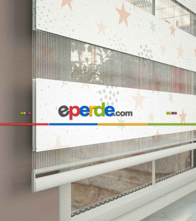 Yıldız Desenli Baskılı Zebra Perde- Çok Renkli