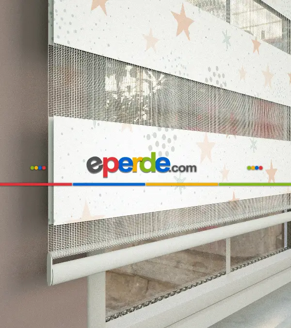 Yavruağzı Ve Su Yeşili Yıldız Desenli Baskılı Zebra Perde