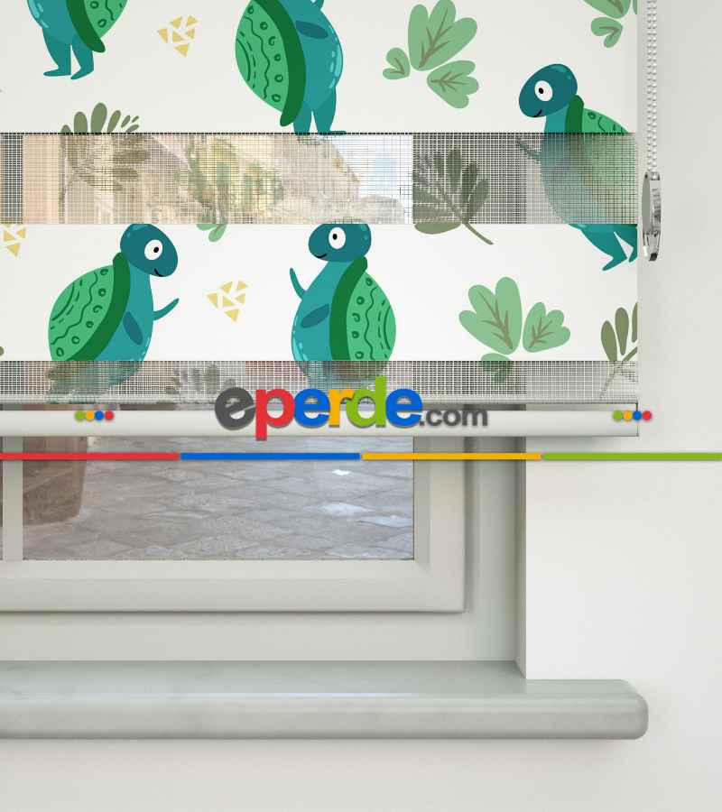 Kaplumbağa Desenli Baskılı Zebra Perde- Yeşil
