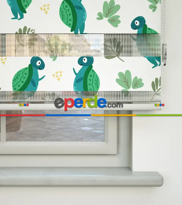 Bebek Odası Zebra Perde - Kaplumbağa Desenli Baskılı Zebra Perde- Yeşil
