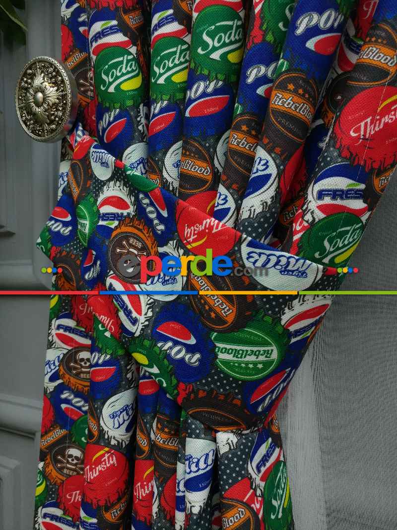 Pop-art Desenli Fon Perde Evm435 -p - Kumaşı Kalındır Duck Bezi Değildir.- Mavi-Kahve-Çok Renkli