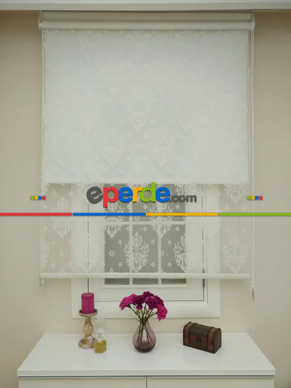 Jakar Örme Tül- Ekru Çiftli Sistem Dantel Desenli Perde- Ekru