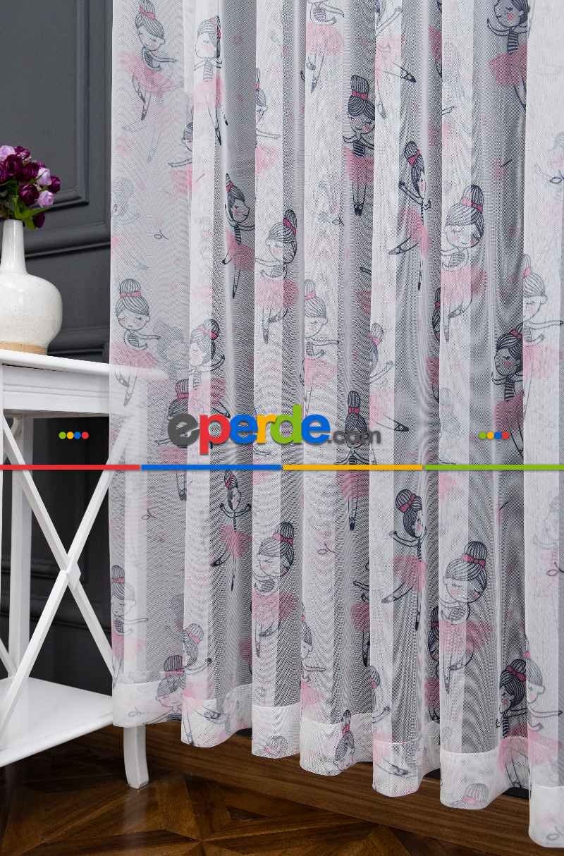 Kız Çocuk Odası Tül Perde - Petek Zemin Gri Pembe Renkli Balerin Kız Desenli Grek Baskılı Tül Perde