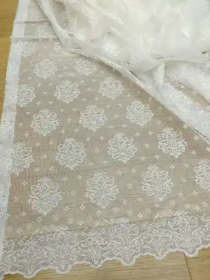 Damask Desenli Özel Örme Dokulu Tül Perde- Ekru