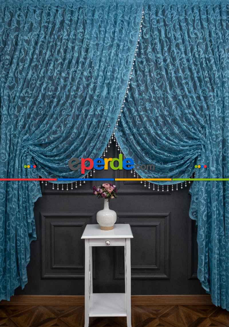 Petrol Mavi Sarmaşık Desen Tül Kruvaze Şal Tül Perde Yanki Tül - Düz Model Sipariş Seçeneği - Yatak Odası Tül