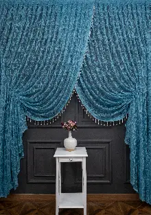 Petrol Mavi Sarmaşık Desen Tül Kruvaze Şal Tül Perde Yanki Tül - Düz Model Sipariş Seçeneği - Yatak Odası Tül