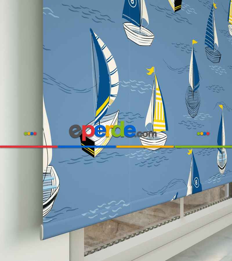 Denizci Desenli Baskılı Stor Perde- Mavi-çok Renkli