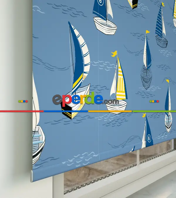 Denizci Desenli Baskılı Stor Perde- Mavi-çok Renkli