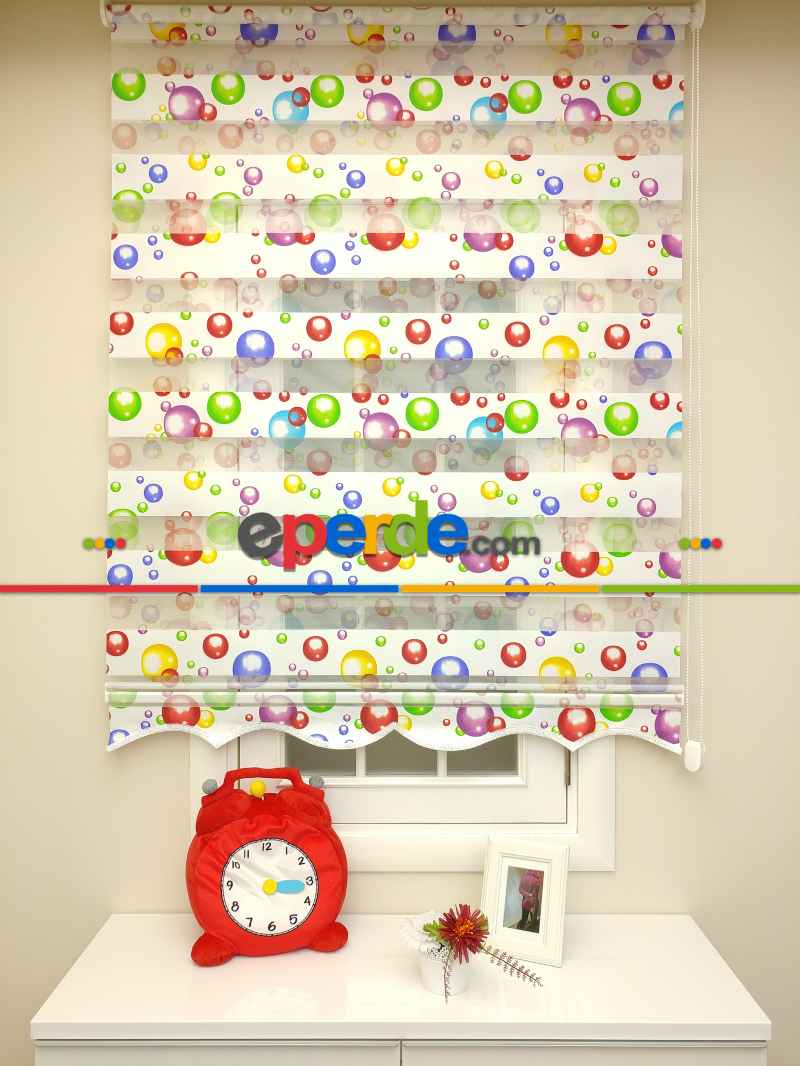 Bebek Odası Zebra Perde - Zebra Perde - Baloncuk Baskılı-  Çok Renkli 3