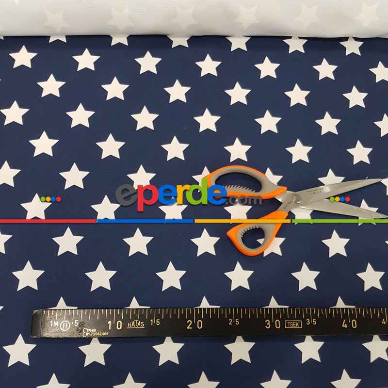 Yıldız Desenli Fon Perde Evm1131 Kumaşı Kalındır Duck Bezi Değildir- Lacivert-Beyaz