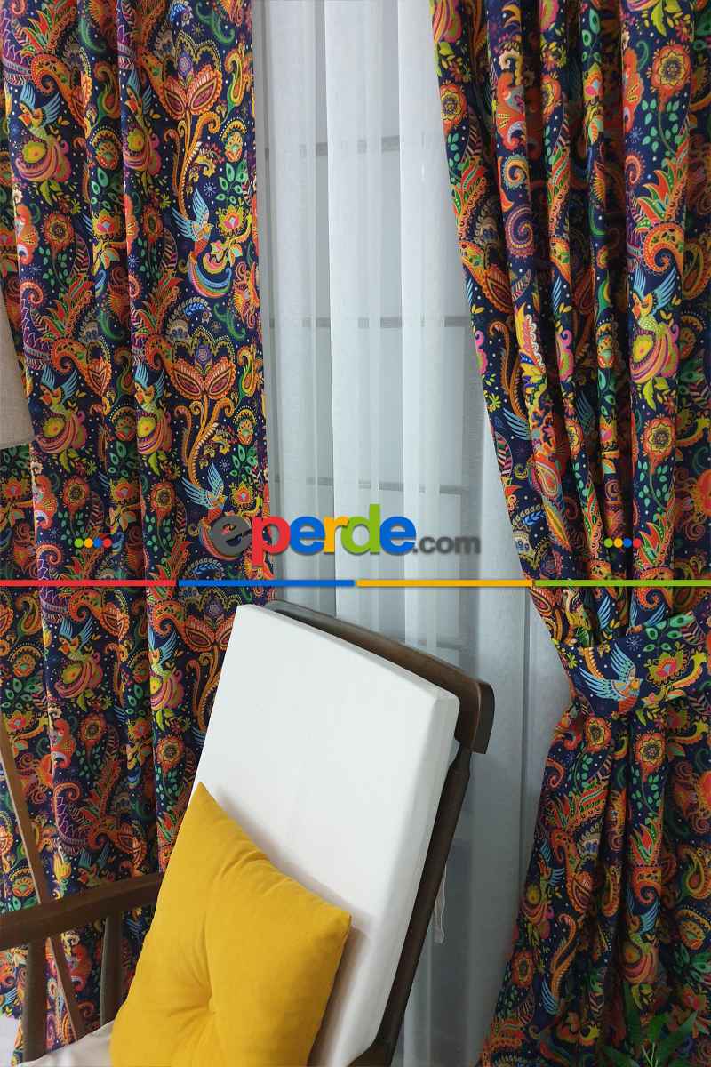 Etnik Desenli Fon Perde Evm452 _e - Kumaşı Kalındır Duck Bezi Değildir.- Lacivert-Mavi-Sarı-Kahve-Çok Renkli