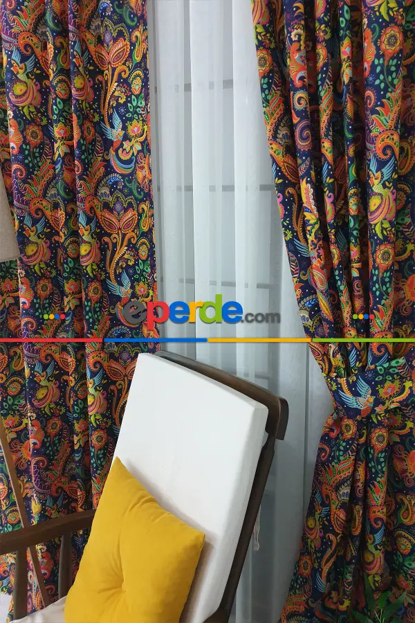 Etnik Desenli Fon Perde Evm452 _e - Kumaşı Kalındır Duck Bezi Değildir.- Lacivert-Mavi-Sarı-Kahve-Çok Renkli