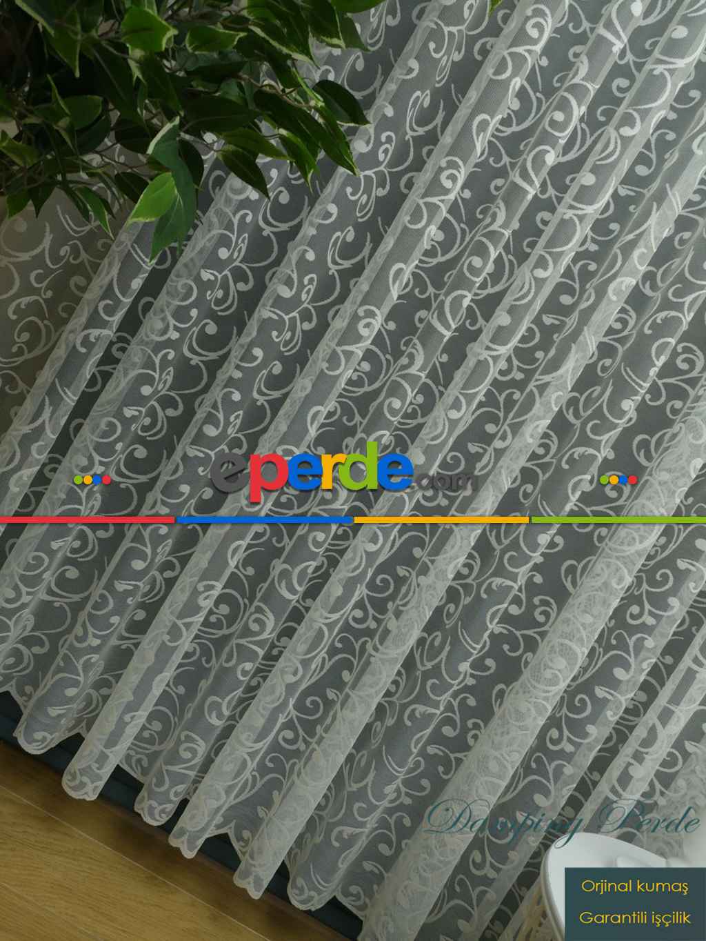 Şal Desen Fransız Dantel Tül Perde & Kruvaze Perde- Ekru